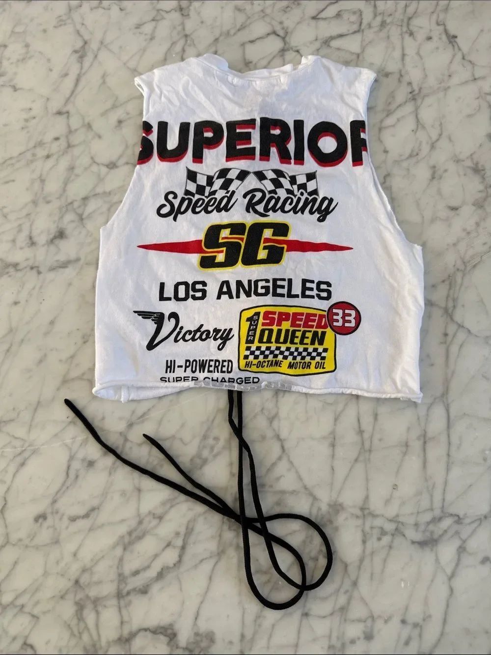 White 'Superior Speed Racing' Crop Tank Top Sz S Women Tie Up